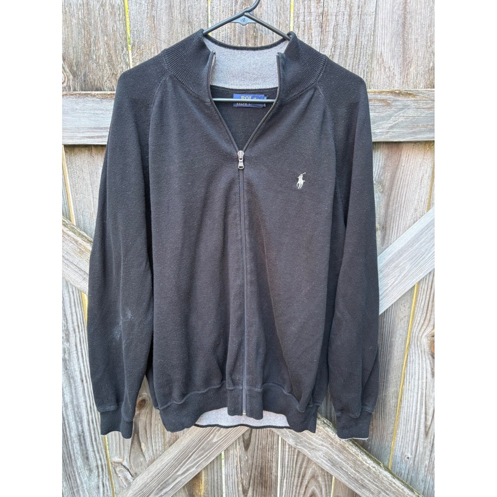 Polo Ralph Lauren Mens Full Zip Cotton Sweater Black Grey Pony Logo Large